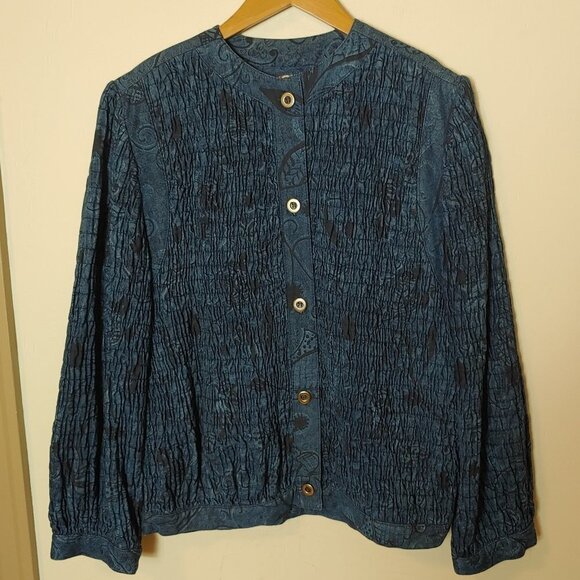 Vintage Boho Smocked Wrinkled Rich Denim Jacket Embroidered Gene Ewing BIS - Picture 8 of 8